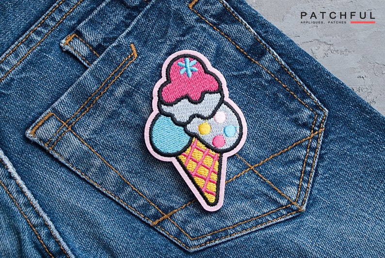 Embroidered Ice Cream Cone Patch, Pink Girly Food Applique, Iron-On Badge (85mm) image 2