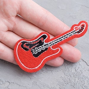 Red guitar patch 83mm, Embroidered iron-on patch, Rock and Roll Musical Instrument applique, Music Badge, Music Lover Gift - 3 1/4&quot;