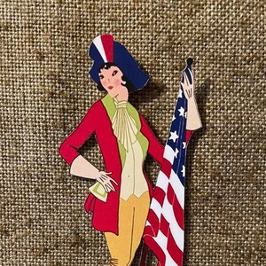 Tailles jusqu'à 17" style vintage Art déco femme en robe coloniale Americana 4 juillet États-Unis décoration patriotique en papier cartonné découpé à la main, décorations de cupcakes