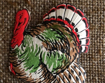 NOS Authentic Antique Vintage 1930's Gibson Litho Printed Embossed Thanksgiving Turkey Gummed Seal Decoration, 2 3/4" Tall