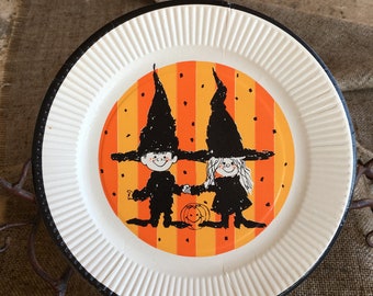 Authentic Vintage 7 1/4" Paper Plate ,Halloween Party Decoration, Crafting Too- Boy and Girl in Witch Costumes