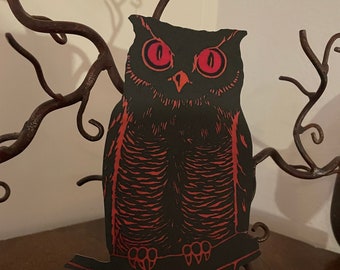 Sizes Up To 16&quot; Vintage Style Black Brown Owl on Branch,Big Eyes Halloween Hand Cut Cardstock Decoration,Crafting Framing,Cupcake Toppers