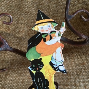Sizes Up To 17" Vintage Style Art Deco Girl Witch on Broom, Halloween Hand Cut Cardstock Decoration for Framing Etc, Cupcake Toppers Too