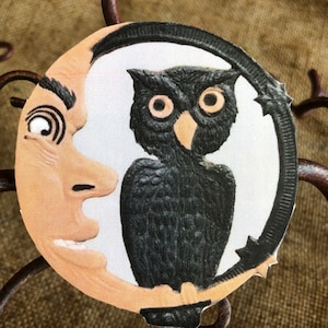Sizes Up To 10&quot; Vintage Style Repro Owl Sits on Man in Moon,Halloween Hand Cut Cardstock Decoration for Framing, Invitations,Cupcake Toppers