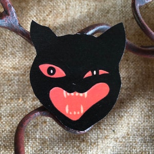 Sizes Up To 11" Vintage Style Red Black Winking Eye Cat Face Halloween Hand Cut Cardstock Decoration, Crafting Etc, Cupcake Toppers Too