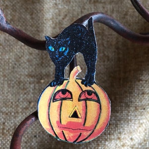 Sizes Up To 16" Vintage Style Blue Eye Cat Stands on Pumpkin, Halloween Hand Cut Cardstock Decoration, Framing, Cupcake Toppers Available