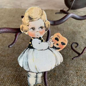 Sizes Up To 17" Vintage 1900s Style Girl Holding JOL Halloween Mask Costume Party Hand Cut Cardstock Decoration,Framing, Cupcake Toppers