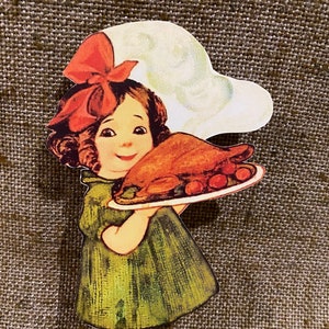 Sizes Up To 16&quot; Vintage Style Girl in Green Dress Carrying Thanksgiving Turkey Platter Hand Cut Cardstock Decorations,Crafts,Cupcake Toppers
