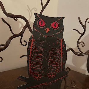 Sizes Up To 16&quot; Vintage Style Black Brown Owl on Branch,Big Eyes Halloween Hand Cut Cardstock Decoration,Crafting Framing,Cupcake Toppers