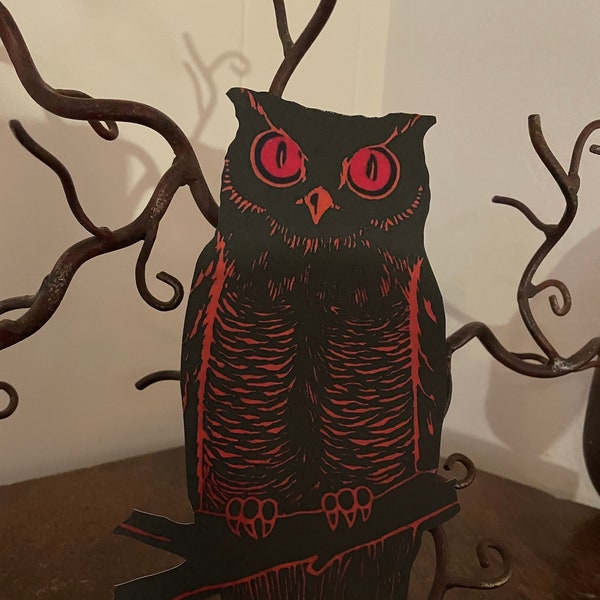 Sizes Up To 16" Vintage Style Black Brown Owl on Branch,Big Eyes Halloween Hand Cut Cardstock Decoration,Crafting Framing,Cupcake Toppers