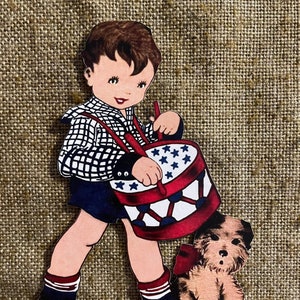 Tailles jusqu'à 17" style vintage batteur garçon et chien Americana USA défilé patriotique du 4 juillet papier cartonné découpé décoration, cartes, décorations de petits gâteaux