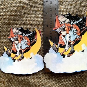 Tamaños de hasta 10&quot; Estilo vintage Art Déco Bruja volando en la luna, Nubes Decoración de cartulina cortada a mano de Halloween, Encuadre, Adornos para cupcakes también