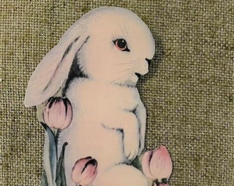 Sizes Up to 16" Vintage Style  Easter Greetings Bunny Rabbit, Purple Tulips Hand Cut Cardstock Decoration, Invitation ,Card ,Cupcake Toppers