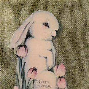 Sizes Up to 16&quot; Vintage Style  Easter Greetings Bunny Rabbit, Purple Tulips Hand Cut Cardstock Decoration, Invitation ,Card ,Cupcake Toppers