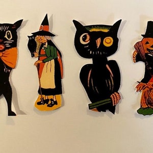 Tailles jusqu'à 17 po. au choix : sorcière, hibou qui fait un clin d'œil, nœud de chat, épouvantail découpé à la main, décoration en papier cartonné découpé à la main, encadrement, décoration de cupcakes
