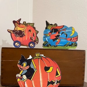 Choose Sizes/Designs of Vintage Style Repro of Witch Flying or Cat in Pumpkin Car Halloween Party Favor Decoration, Candy Container, Nut Cup