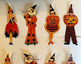 Sizes Up To 17&quot; Choice of Vintage Style Art Deco Men, Women in Halloween Costumes Hand Cut Cardstock Decoration, Cupcake Toppers Too