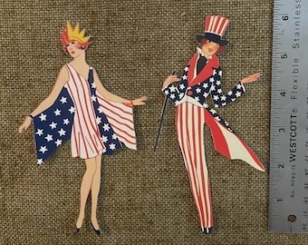 Sizes Up To 17&quot; Vintage Style Deco Woman in Americana July 4 USA Patriotic Flag Dress or Suit Hand Cut Cardstock Decoration, Cupcake Toppers