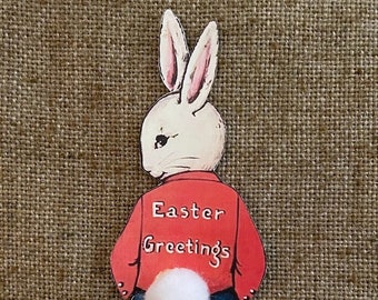Sizes Up To 17&quot; Vintage Style Easter Bunny Rabbit in Suit, Real Pom Pom Tail Hand Cut Cardstock Decoration, Also with No Message Option