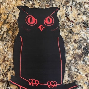 NOW Sizes Up To 16" Vintage Style Black and Red Owl on Branch, Halloween Hand Cut Cardstock Decoration, Framing, Cupcake Toppers Available