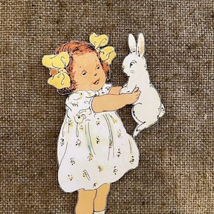 Sizes Up To 17" Vintage 1900's Style Girl with Yellow Bows Holds White Rabbit Easter Cardstock Decoration, Card, Framing, Cupcake Toppers
