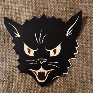 Sizes Up To 10" Vintage Style Angry Black and White Cat Face with Fangs Halloween Hand Cut Cardstock Decoration, Cupcake Toppers Available