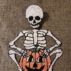 NOW Sizes Up To 15" Vintage Style Skeleton Holds Pumpkin Halloween Hand Cut Cardstock Decoration for Crafts, Cupcake Toppers Available