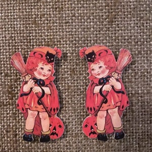 Sizes Up To 17" Vintage 1900s Style Girl Witch Holds JOL Broom Halloween Hand Cut Cardstock Decoration,Framing,Cupcake Toppers Available