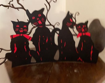 Sizes Up To 17"  Vintage Style Black Cat Family with Red Bows Sits Together Halloween Hand Cut Cardstock Decoration, Cupcake Toppers Too