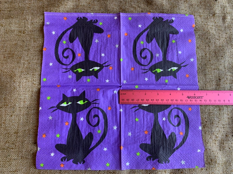 DOLLAR DAYS NOS Unused 6 1/2 Hallmark Halloween Party Crepe Paper Napkin,Groovy Cat Green Eyes Vintage Style Decoration to Frame,Repurpose image 4