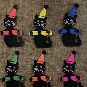 Sizes Up To 16" Vintage Style Cat in Party Hat Holds Party Popper Halloween Birthday Party Hand Cut Cardstock Decoration,Cupcake Toppers Too