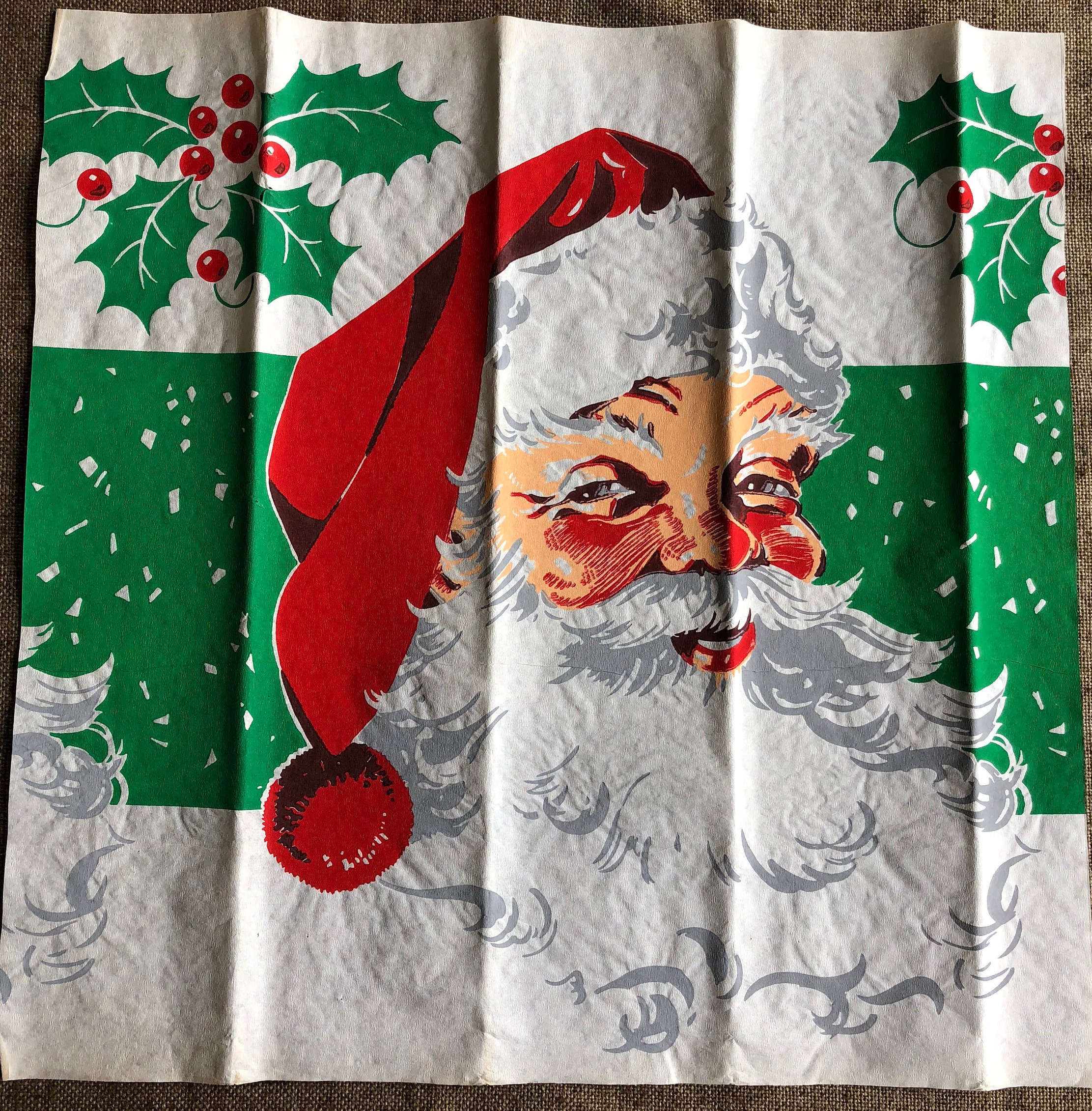 1940s Christmas Wrapping Paper/tissue Paper Santa Face Snowman Candy Canes  Ornaments on Blue Vintage Christmas Gift Wrap One Flat Sheet 