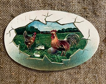 Tamaños de hasta 16" Gallos y huevos agrietados estilo vintage de la década de 1900 Tarjeta de decoración de cartulina cortada a mano de Pascua, manualidades, enmarcando adornos para cupcakes también