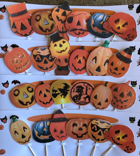 JOL Pumpkins Assortment Retro Vintage Style Halloween Cupcake Cake Toppers,Appetizer Picks,Baking Supplies,Decorations,Sets of 12,18,24