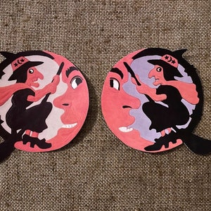 Sizes Up To 10"  Vintage Style Repro Flying Witch on Man in Moon,Halloween Hand Cut Cardstock Decoration for Framing, Cupcake Toppers