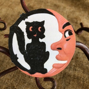 Sizes Up To 10" Vintage Style Repro Black Cat on Man in Moon,Halloween Hand Cut Cardstock Decoration, Crafting Etc, Cupcake Toppers Too