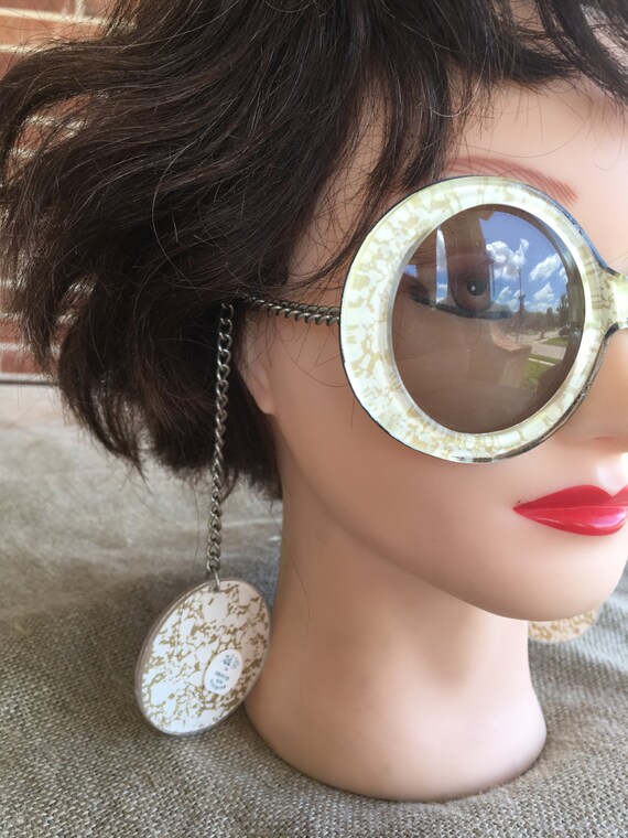 1960's Goldfinger Bond Girl Vintage Mod Sunglasses with Earrings on Chain GOLD