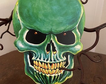 Sizes Up to 15" Vintage Style Green Skeleton Skull Yellow Teeth Halloween Hand Cut Cardstock Decoration,Framing ,Cupcake Toppers Too