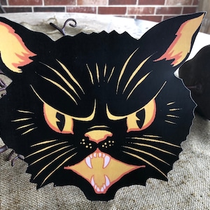 Sizes Up To 10" Vintage Style Angry Yellow Black Cat Face Halloween Hand Cut Cardstock Decoration, Halloween Decor,Cupcake Toppers Available