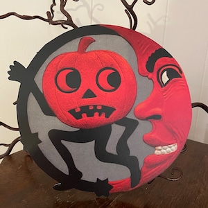 Now Sizes Up To 10" Vintage 1900s Style Pumpkin Man on Man in Moon, Halloween Hand Cut Cardstock Decoration,Framing Etc, Cupcake Toppers Too