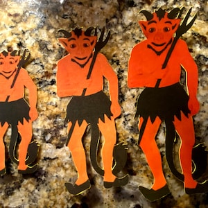 Sizes Up To 16" Vintage Style Art Deco Smiling Devil Stands with Pitchfork Halloween Hand Cut Cardstock Decoration,Framing, Cupcake Toppers