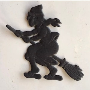 Vintage Style German Black Witch on Broom Embossed, Halloween Diecut Cardboard Mini Scrap Decoration