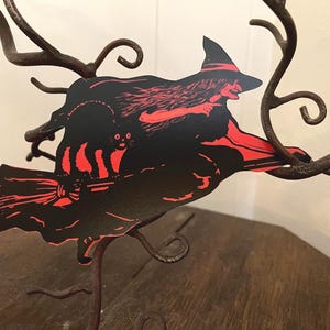 Sizes Up To 17" Vintage Style Art Deco Witch and Cat Flying on Broom Halloween Hand Cut Cardstock Decoration,Framing,Cupcake Toppers Too
