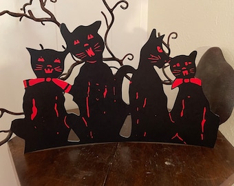 Sizes Up To 17"  Vintage Style Black Cat Family with Red Bows Sits Together Halloween Hand Cut Cardstock Decoration, Cupcake Toppers Too