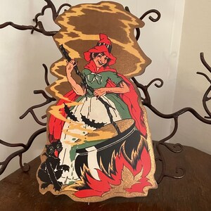 Sizes Up To 16" Vintage Style Art Deco Witch in Red Cape Stirs Boiling Cauldron Halloween Hand Cut Cardstock Decoration,Cupcake Toppers