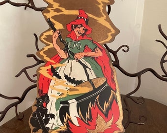 Sizes Up To 16" Vintage Style Art Deco Witch in Red Cape Stirs Boiling Cauldron Halloween Hand Cut Cardstock Decoration,Cupcake Toppers