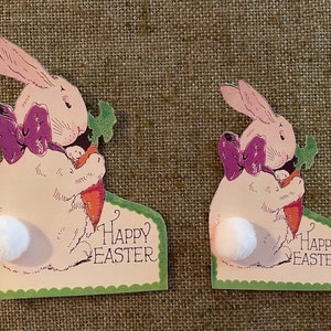 Sizes Up To 15&quot; Vintage Style Easter Bunny Rabbit Eats Carrot,Real Pom Pom Tail or No Pom Hand Cut Cardstock Decoration,Card,Cupcake Toppers