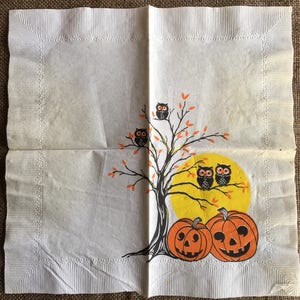 NOS Unused 6 1/2&quot; Vintage Halloween White Crepe Paper Dinner Napkin,Owl,Moon,JOL Pumpkin Halloween Party Decoration For Framing,Repurposing