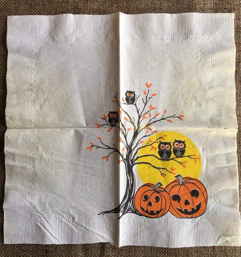 NOS Unused 5 Vintage Halloween White Crepe Paper Dessert Napkin,Owl,Moon,JOL Pumpkin Halloween Party Decoration For Framing,Repurposing image 3