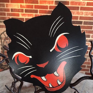 Style vintage Beistle chat noir en colère, yeux rouges, crocs Halloween décoration en carton découpé, 6"